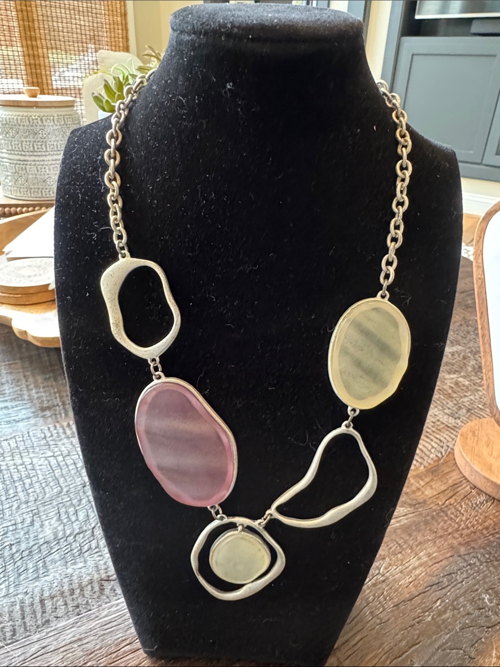 Silver-Tone Women's Statement Necklace with Pink and Cream Resin Accents